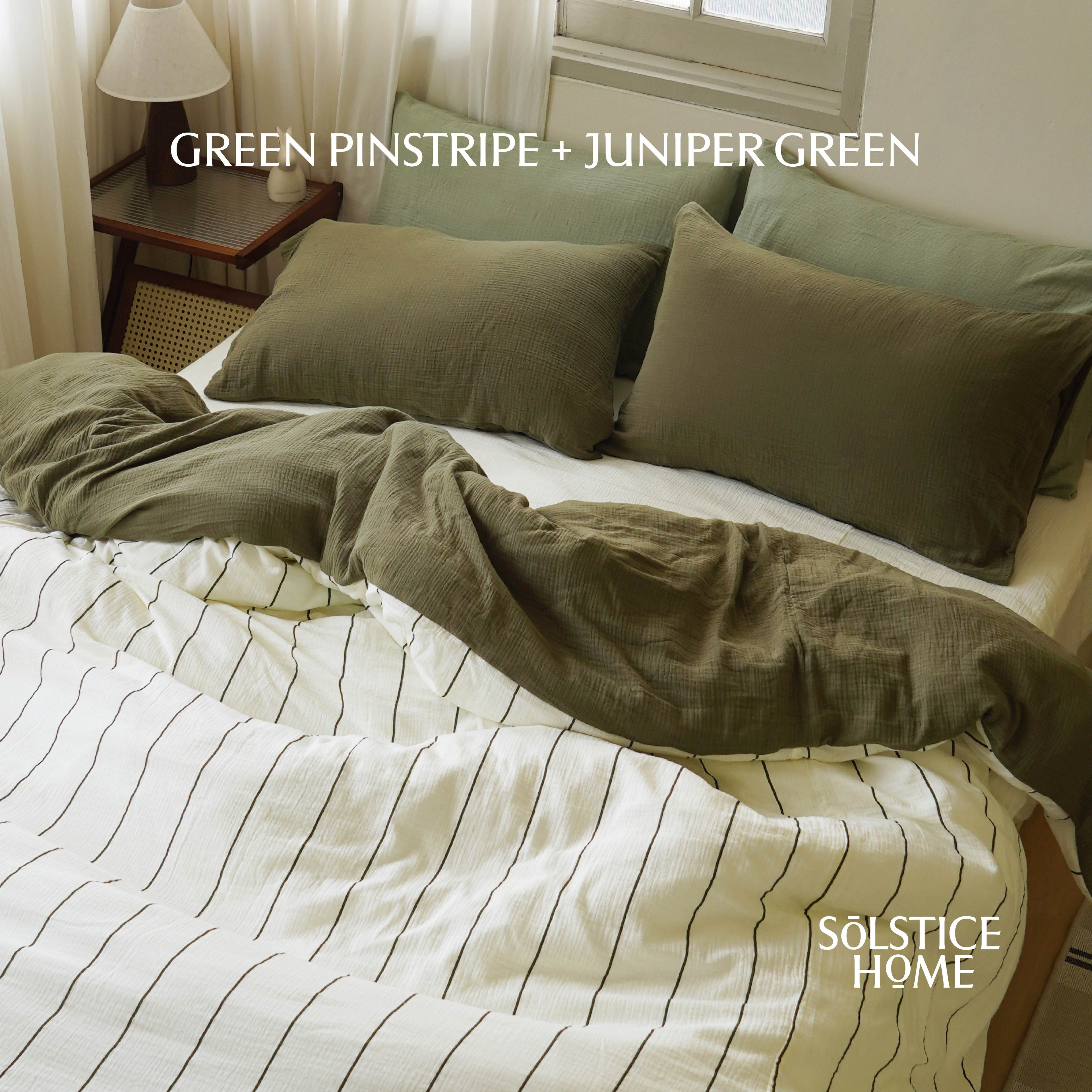 ชุดผ้าปูที่นอน Cloud Cotton Green Pinstripe + Juniper Green