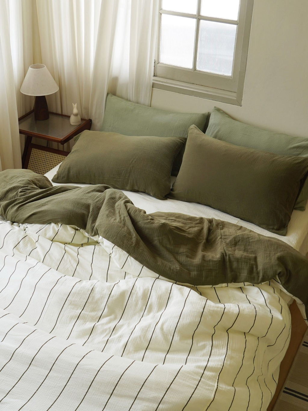 Green Pinstripe + Juniper Green Bedding Set - Cloud Cotton